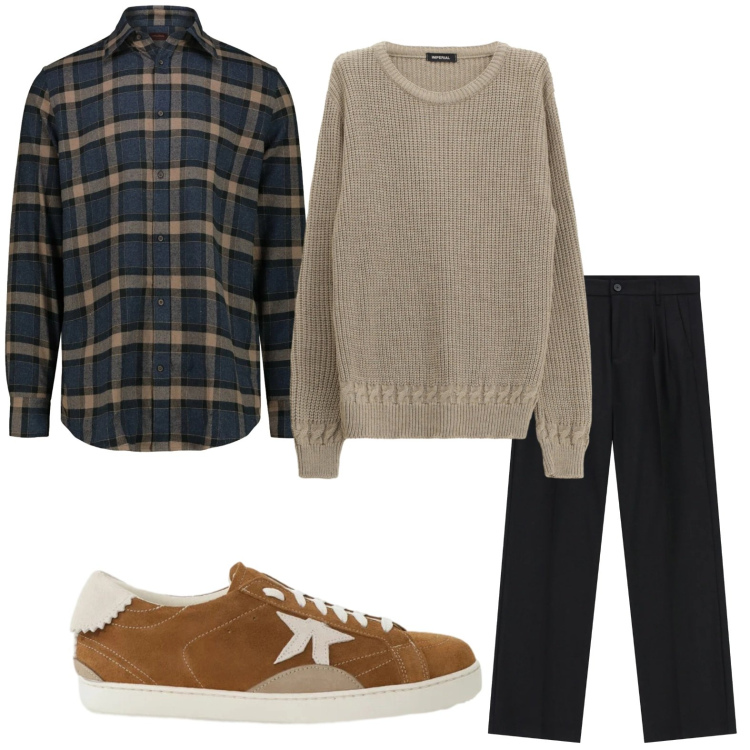 Outfit uomo - Il pullover trasversale. Stile Trendy per Tutti i giorni. Abbinamento con pantaloni, maglieria, sneakers, camicie.