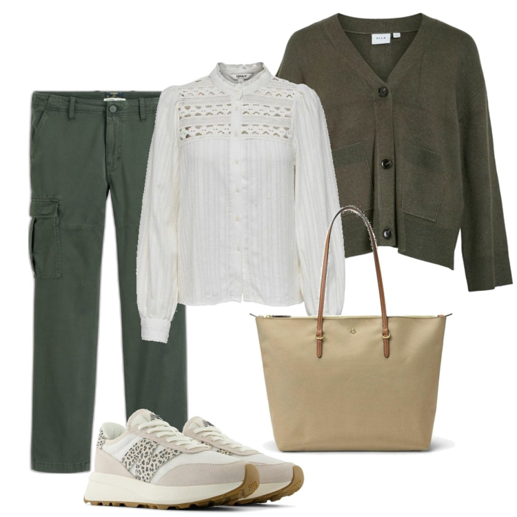 Outfit mujer - Urban look. Estilo Urban para Todos los días. Combinación con blusas, pantalones cargo, bolso tote, cárdigans, sneakers.