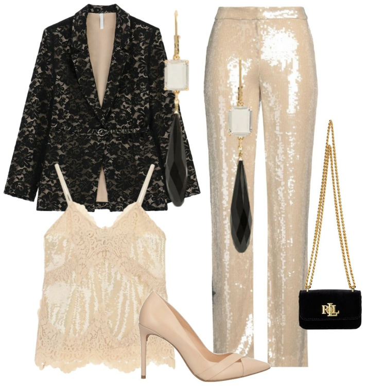 Outfit donna - Pronta per il cenone. Stile Chic per Serata fuori. Abbinamento con décolleté, pantaloni, blazer, top, pochette, orecchini.