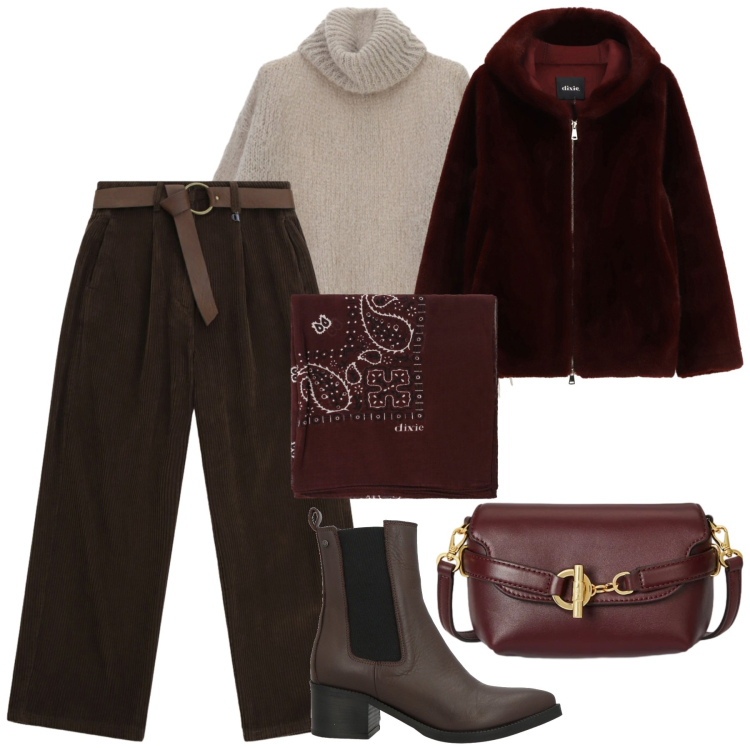 Outfit donna - Total look #2308885. Stile Urban per Tutti i giorni. Abbinamento con stivaletti chelsea, pantaloni a palazzo, pantaloni, maglieria, foulard, borse a tracolla.