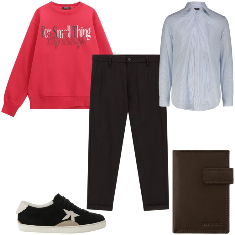 Outfit uomo - Ultimo brindisi dell\'anno: in rosso. Stile Trendy per Serata speciale. Abbinamento con pantaloni, felpe, portafogli, sneakers, camicie.