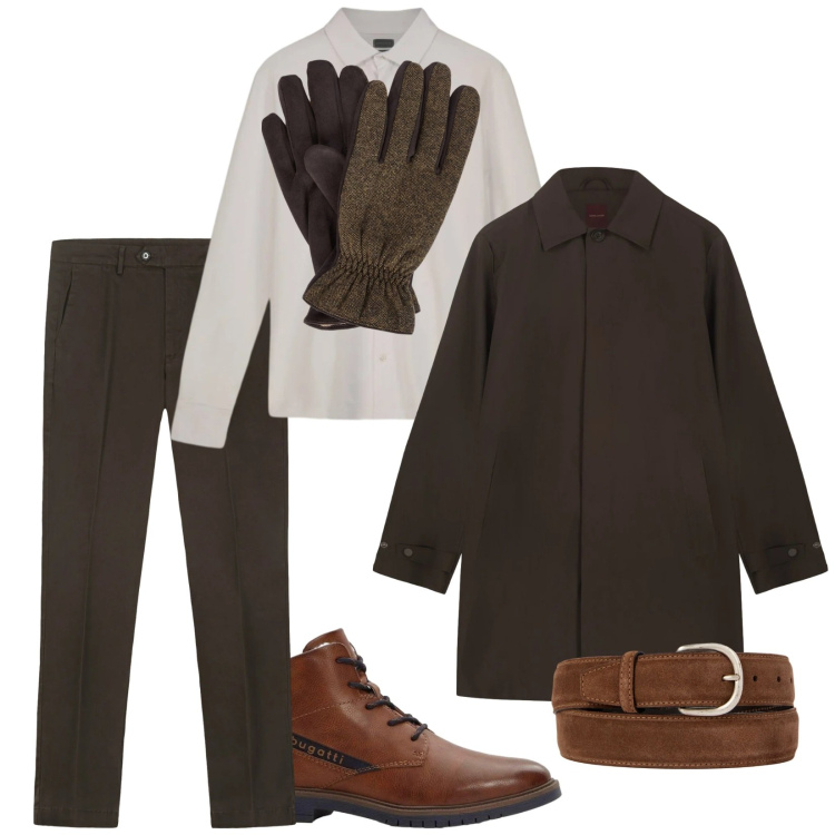 Outfit uomo - Cena da Stefano. Stile Business/Elegante per Serata speciale. Abbinamento con anfibi, pantaloni chino, trench, polo, cinture, guanti.