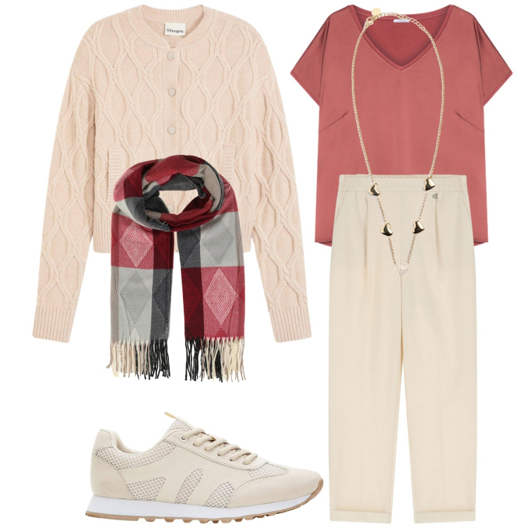 Outfit donna - Pensieri per me. Stile Casual per Tutti i giorni. Abbinamento con cardigans, sneakers, sciarpe, collane, pantaloni, bluse.