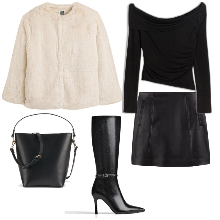 Outfit mujer - Glamour #10359. Estilo Glamour para Noche/Fiesta elegante. Combinación con top, minifaldas, abrigos, botas, bolsos saco.