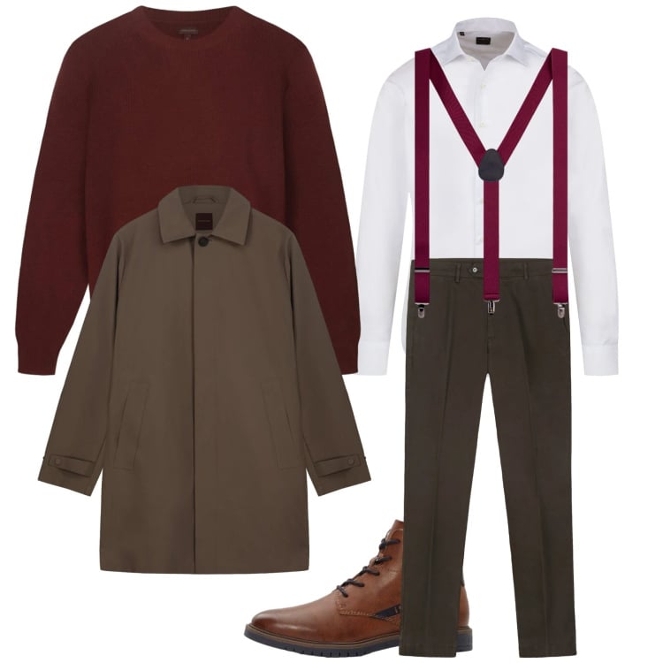 Outfit uomo - La vigilia di capodanno. Stile Business/Elegante per Serata speciale. Abbinamento con anfibi, trench, pantaloni chino, maglieria, bretelle, camicie.
