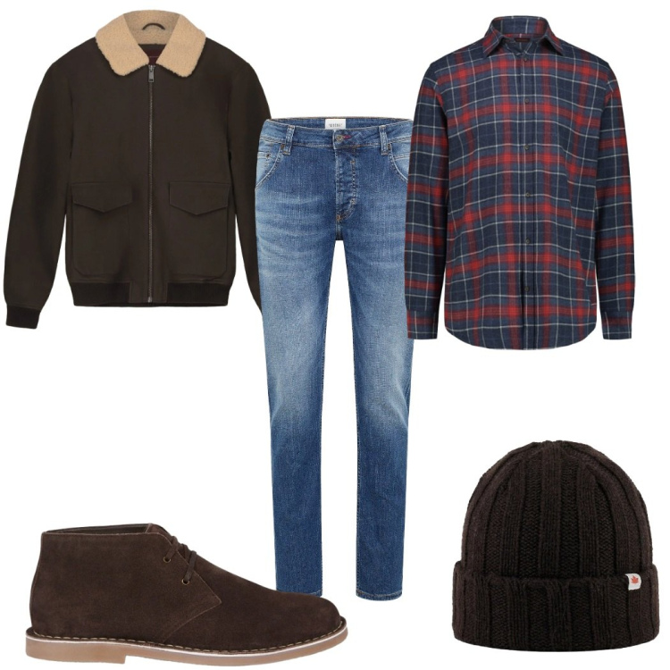 Outfit uomo - Total look #2308904. Stile Casual per Tutti i giorni. Abbinamento con jeans dritti, berretti, stivali e stivaletti, bomber, camicie.