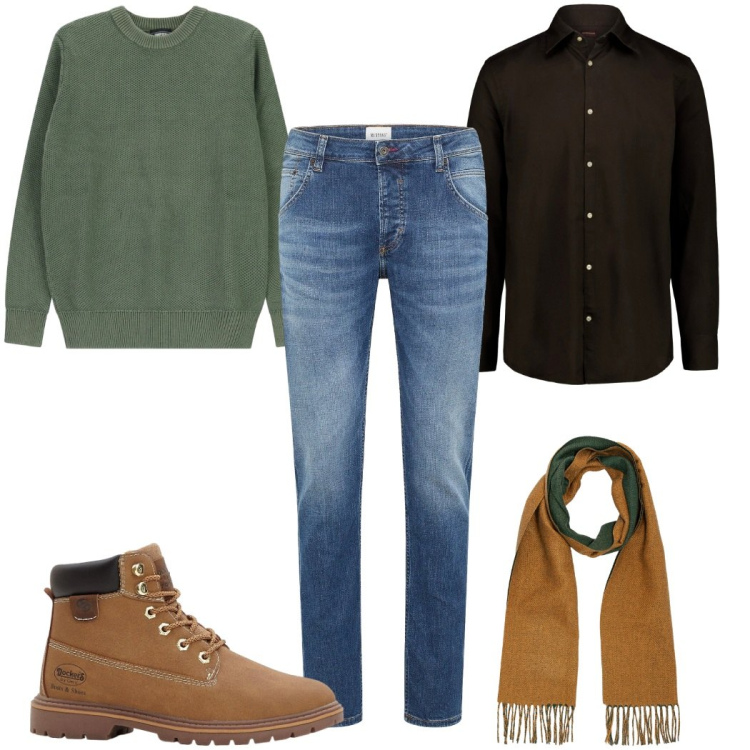 Outfit uomo - Total look #2308912. Stile Trendy per Tutti i giorni. Abbinamento con jeans dritti, stivali e stivaletti, pullovers, sciarpe, camicie.
