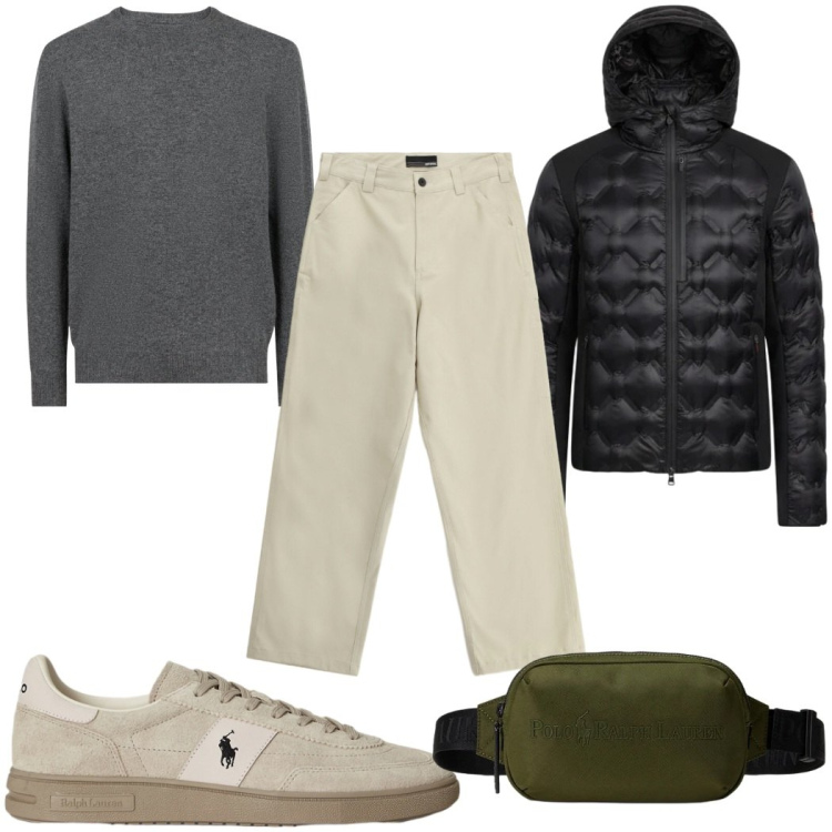 Outfit uomo - Total look #2308920. Stile Trendy per Tutti i giorni. Abbinamento con pantaloni, sneakers, borse sportive, piumini, maglieria.