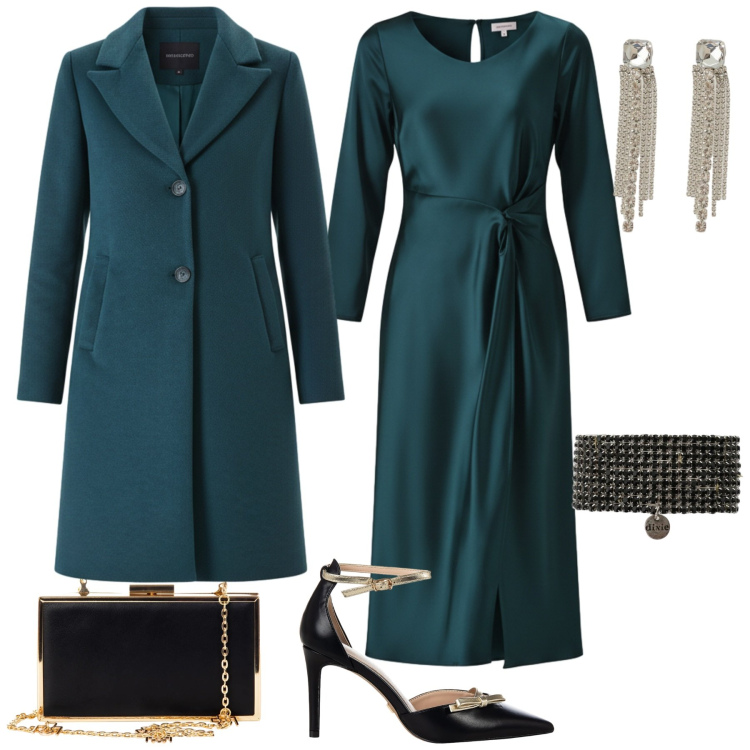 Outfit donna - Total look #2308929. Stile Bon Ton per Serata fuori. Abbinamento con vestiti midi/longuette, cappotti, décolleté, pochette, braccialetti, orecchini.