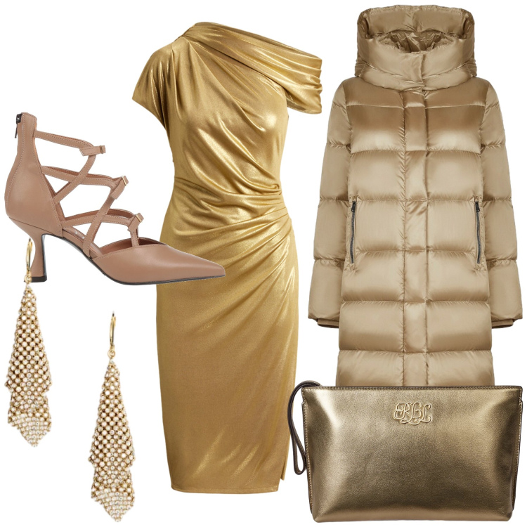 Outfit donna - Golden hour. Stile Glamour per Serata fuori. Abbinamento con décolleté, cappotti, pochette, vestiti a tubino, orecchini.