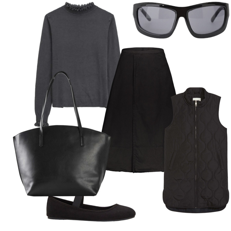 Outfit donna - BASIC Black. Stile Basic per Tutti i giorni. Abbinamento con ballerine, shopping bag, piumini, occhiali da sole, maglieria, gonne lunghe.