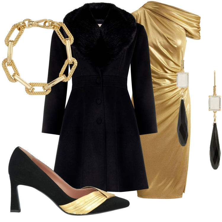 Outfit donna - Eleganza al cenone. Stile Chic per Serata fuori. Abbinamento con décolleté, cappotti, vestiti a tubino, orecchini, braccialetti.
