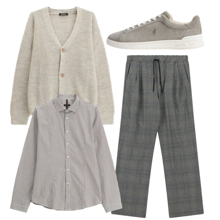 Outfit uomo - Armonia in grigio. Stile Trendy per Tutti i giorni. Abbinamento con camicie, pantaloni, cardigans, sneakers.