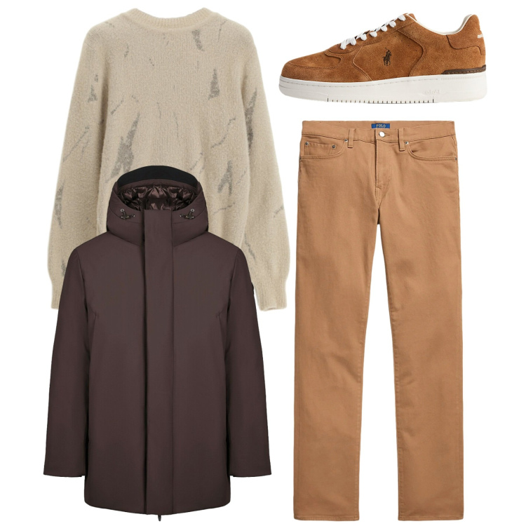 Outfit uomo - Total caramel. Stile Casual per Tutti i giorni. Abbinamento con maglieria, sneakers, pantaloni, giacche.