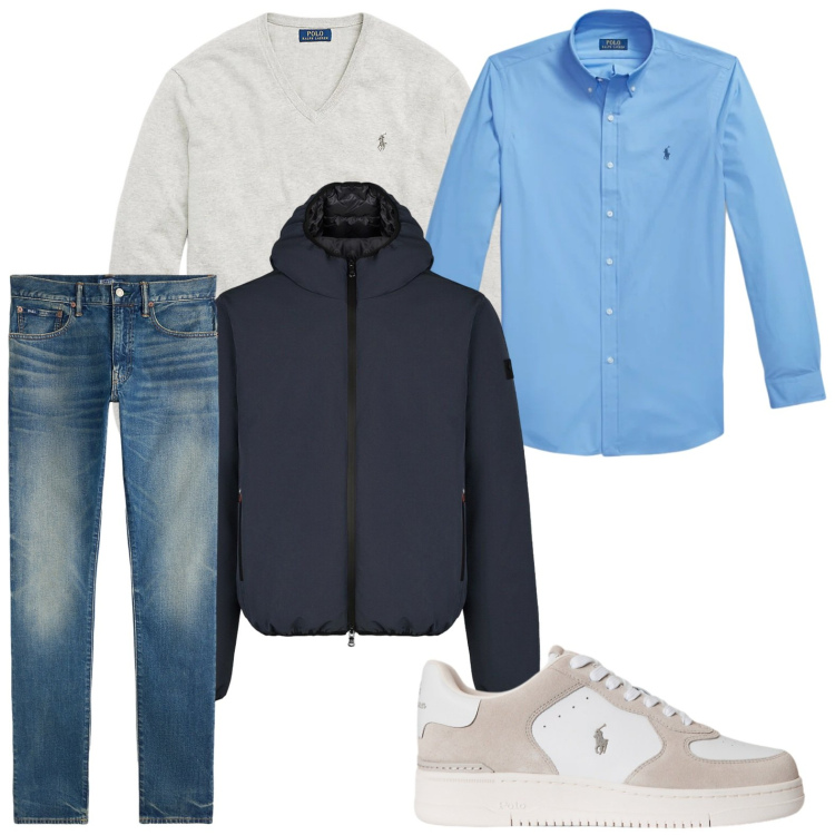 Outfit uomo - Camicia e pullover. Stile Trendy per Ufficio. Abbinamento con maglieria, sneakers, jeans, camicie, bomber.