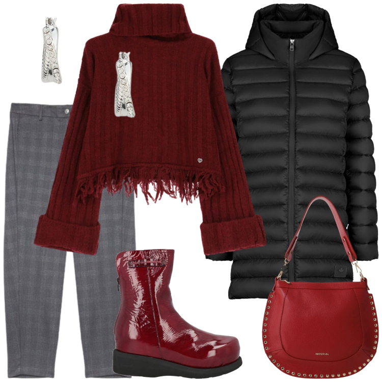 Outfit donna - Total look #2308952. Stile Trendy per Ufficio. Abbinamento con stivaletti, maglieria, borse a spalla, piumini, orecchini, pantaloni.