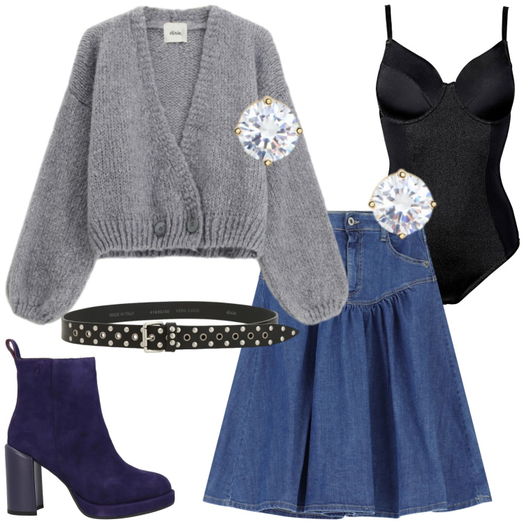 Outfit donna - Total look #2308953. Stile Romantica per Tutti i giorni. Abbinamento con body, stivaletti, gonne longuette, cinture, cardigans, orecchini.