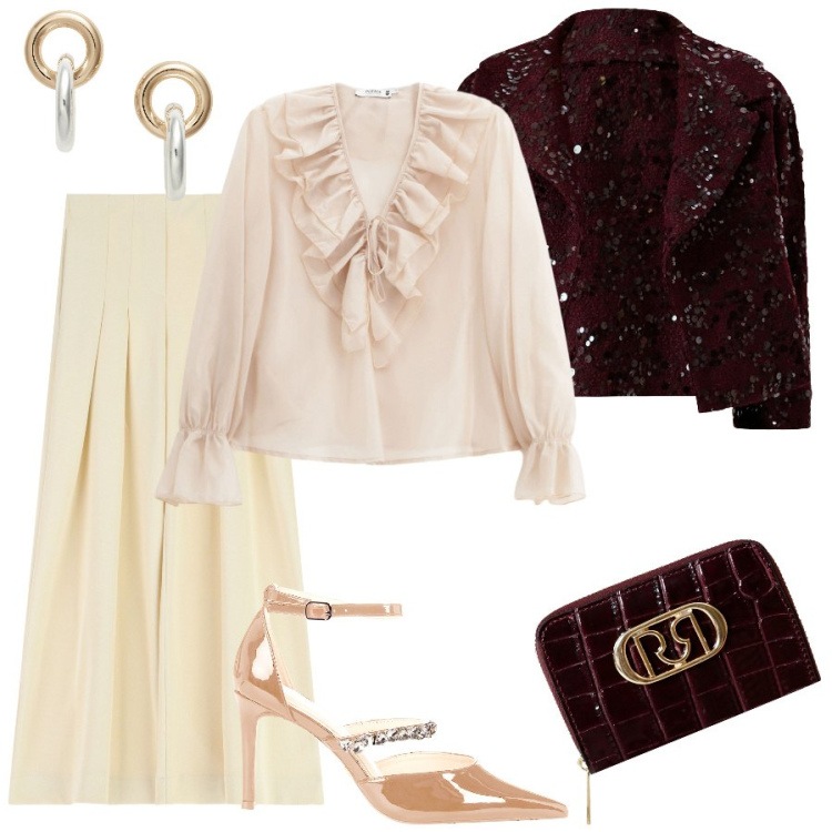 Outfit donna - Per una cena di fine anno. Stile Casual chic per Serata fuori. Abbinamento con camicie, bolero, portafogli, décolleté, pantaloni a palazzo, orecchini.