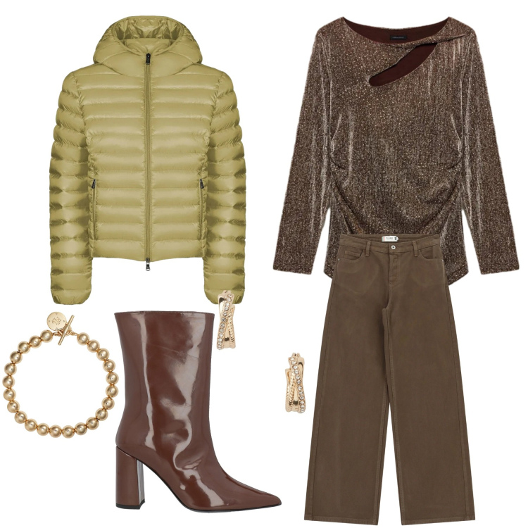 Outfit donna - Piumino dorato. Stile Trendy per Serata fuori. Abbinamento con stivaletti, pantaloni a palazzo, bomber, orecchini, braccialetti, bluse.