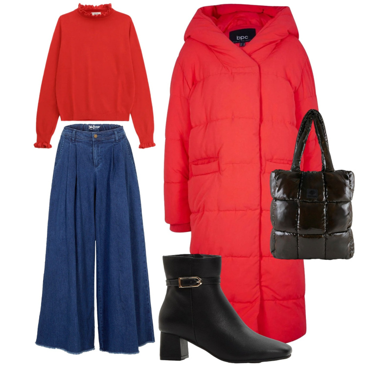 Outfit donna - Red passion. Stile Casual per Tutti i giorni. Abbinamento con gonne, stivaletti, piumini, maglieria, shopping bag.