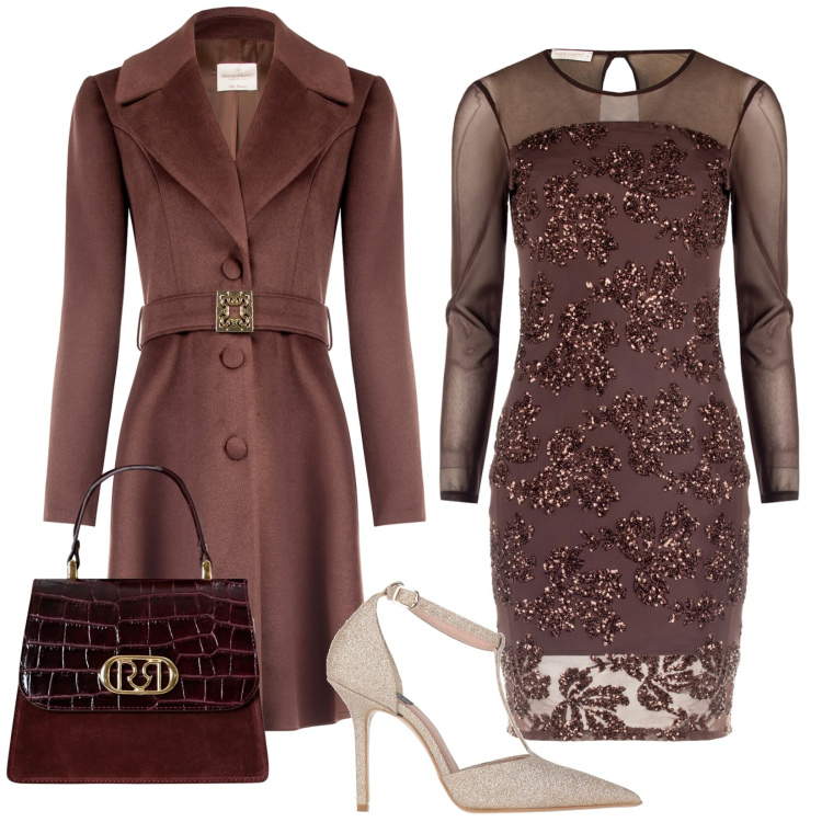 Outfit donna - Il cenone. Stile Glamour per Serata fuori. Abbinamento con décolleté, vestiti a tubino, borse a mano, cappotti.