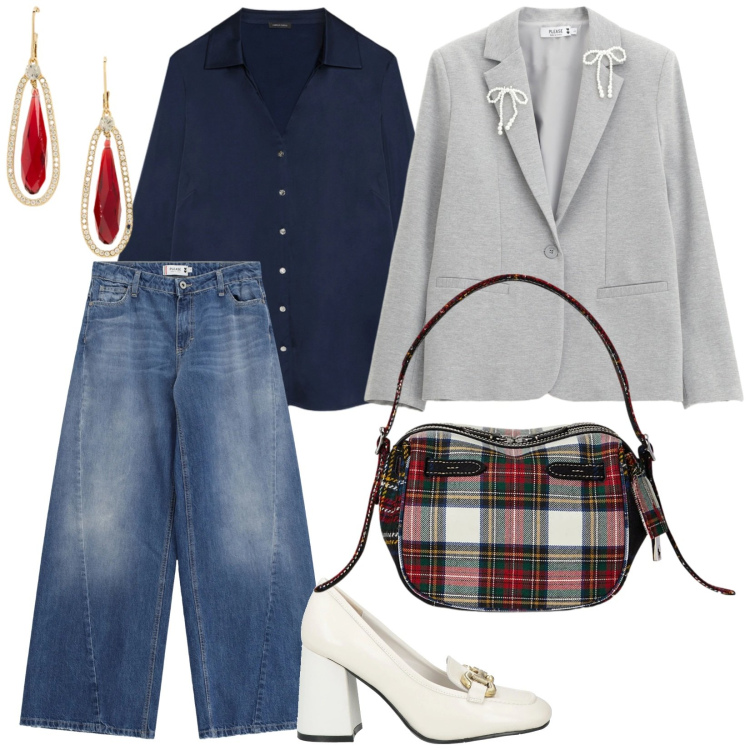 Outfit donna - In ufficio. per Ufficio. Abbinamento con mocassini, blazer, jeans, borse a mano, orecchini, camicie.