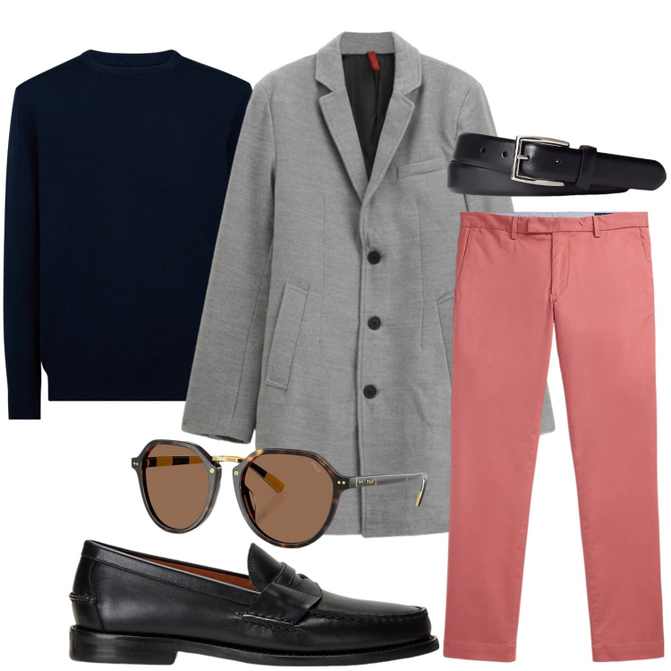 Outfit uomo - Stile daily. Stile Trendy per Ufficio. Abbinamento con cappotti, scarpe stringate, cinture, occhiali da sole, pantaloni chino, maglieria.