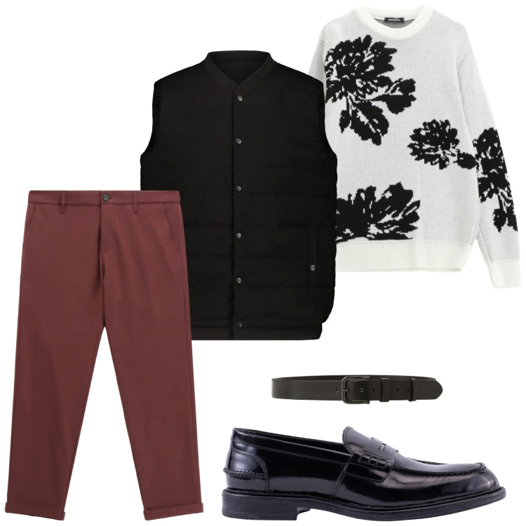 Outfit uomo - Effetto floreale. Stile Casual per Ufficio. Abbinamento con pullovers, pantaloni, cinture, scarpe stringate, piumini.