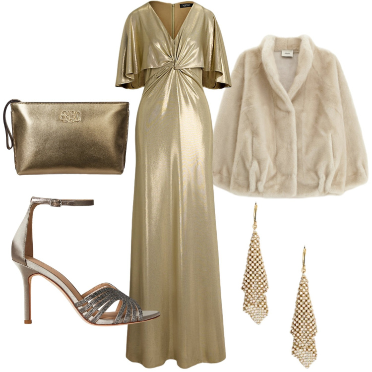 Outfit donna - Gold party. Stile Chic per Serata fuori. Abbinamento con blazer, vestiti, pochette, sandali gioiello, orecchini.