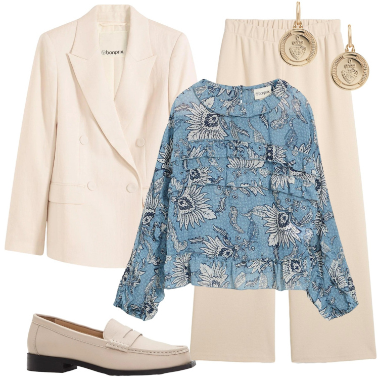 Outfit donna - Total look #2309039. Stile Casual chic per Cerimonia. Abbinamento con blazer, pantaloni, bluse, mocassini, orecchini.