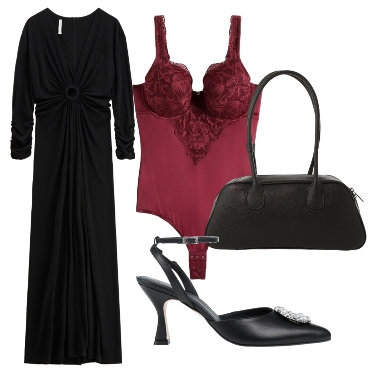 Outfit donna - Eleganza al cenone. Stile Glamour per Serata fuori. Abbinamento con body, décolleté, vestiti lunghi, borse a mano.