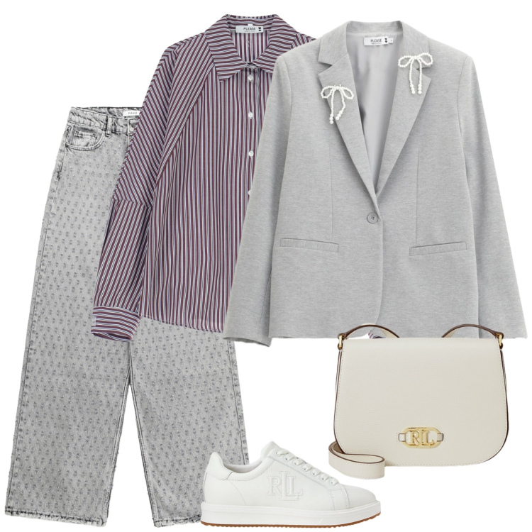 Outfit donna - Grigio. Stile Casual per Ufficio. Abbinamento con jeans, blazer, camicie, sneakers, borse a tracolla.