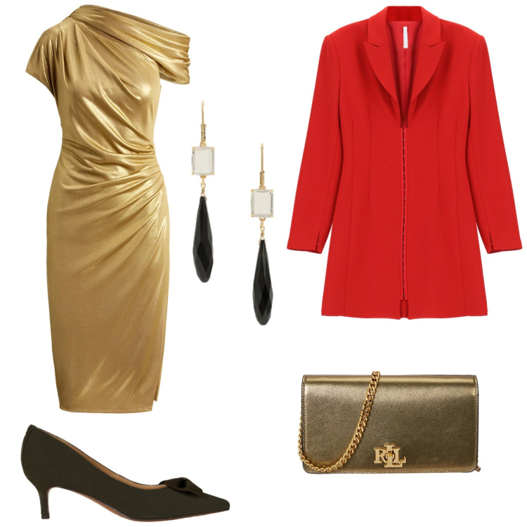 Outfit donna - Rosso e oro. Stile Chic per Serata fuori. Abbinamento con vestiti corti, décolleté, borse a mano, vestiti a tubino, orecchini.
