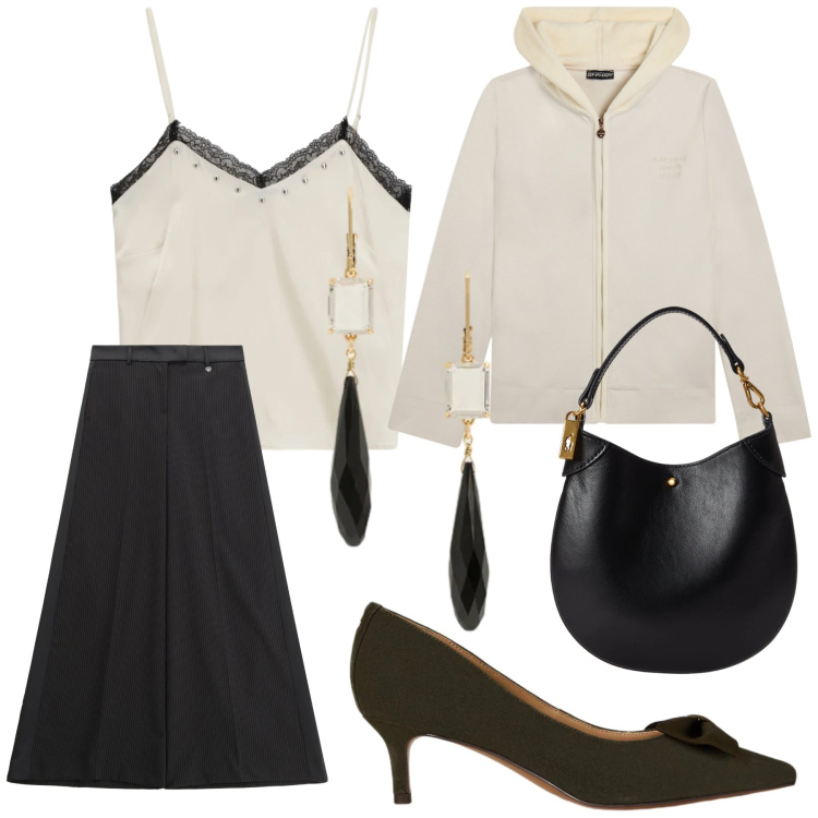 Outfit donna - Aperitivo con felpa. Stile Urban per Serata fuori. Abbinamento con top, pantaloni, felpe con cappuccio, décolleté, pochette, orecchini.