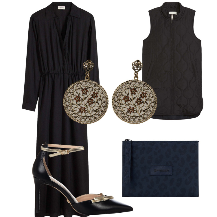 Outfit donna - Gilet ed orecchini vintage. Stile Trendy per Serata fuori. Abbinamento con piumini, vestiti lunghi, décolleté, clutch, orecchini.