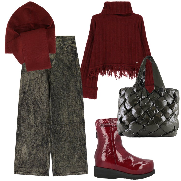 Outfit donna - Pomeriggio. Stile Sporty chic per Tutti i giorni. Abbinamento con stivaletti, sciarpe, maglieria, jeans, borse tote.