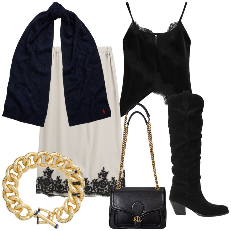 Outfit donna - Un po’ di pizzo. Stile Glamour per Serata fuori. Abbinamento con top, gonne, stivaletti, sciarpe, borse a spalla, braccialetti.