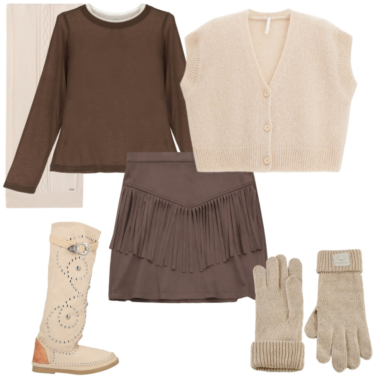 Outfit donna - Gonna con frange. Stile Casual chic per Tutti i giorni. Abbinamento con stivali, maglieria, sciarpe, minigonne, t-shirt, guanti.