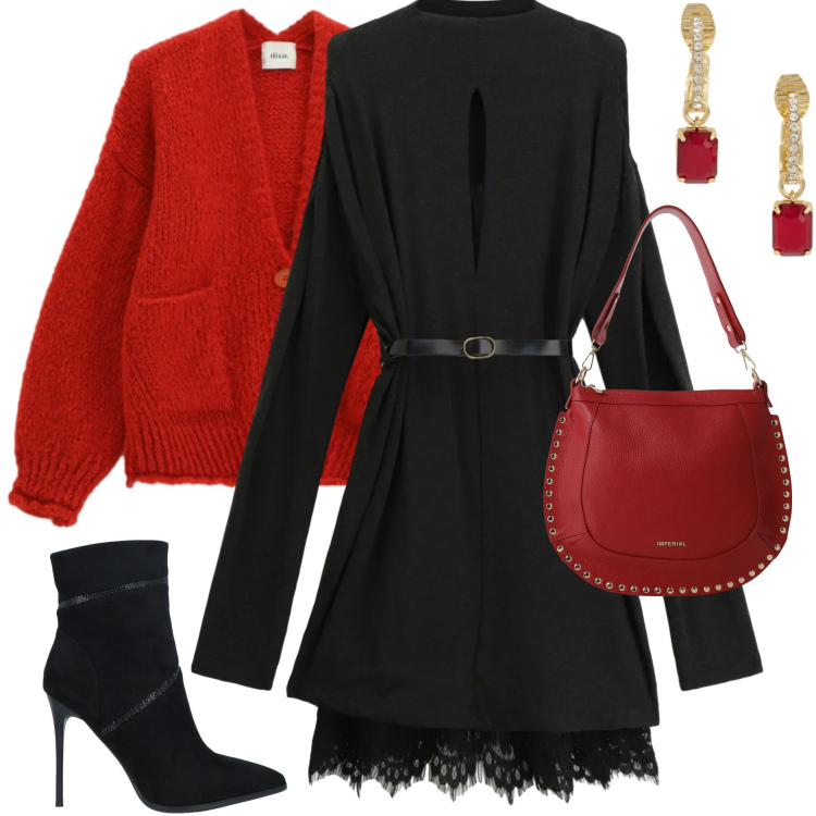 Outfit donna - Serata fuori. Stile Chic per Serata fuori. Abbinamento con stivaletti, borse a spalla, vestiti corti, cardigans, orecchini.