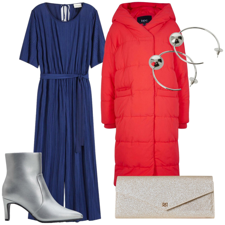 Outfit donna - Un invito serale. Stile Trendy per Serata fuori. Abbinamento con stivaletti, tute, piumini, pochette, orecchini.