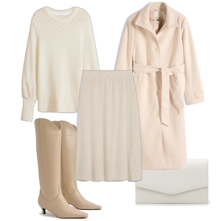 Outfit femme - Nude. Style Casual pour Soirée dehors. Assortir avec manteaux, jupes au genou, pulls, pochette, bottes.