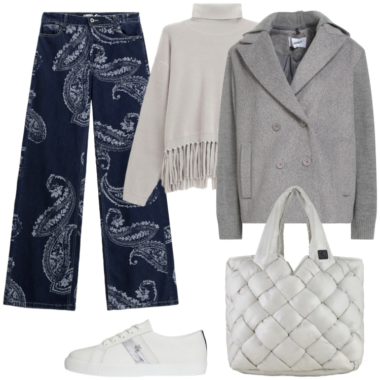 Outfit donna - Pullover grigio con le frange. Stile Trendy per Tutti i giorni. Abbinamento con caban, jeans, maglieria, borse tote, sneakers.