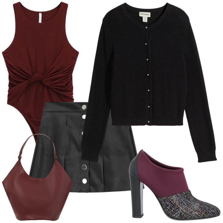 Outfit donna - Con gli amici. Stile Casual chic per Serata fuori. Abbinamento con cardigans, stivaletti, top, borse a spalla, minigonne.