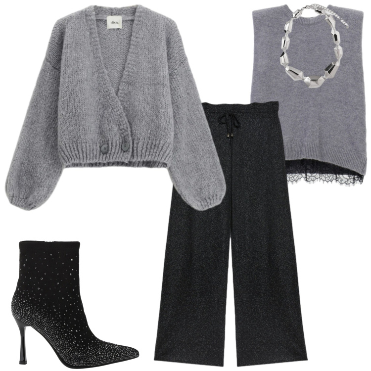 Outfit donna - In pieni festeggiamenti. Stile Casual chic per Serata fuori. Abbinamento con stivaletti, maglieria, cardigans, ciondoli, pantaloni.