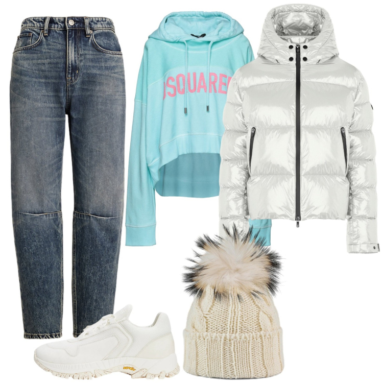 Outfit donna - Una felpa Azzurra. Stile Trendy per Tutti i giorni. Abbinamento con felpe con cappuccio, piumini, berretti, sneakers, jeans.