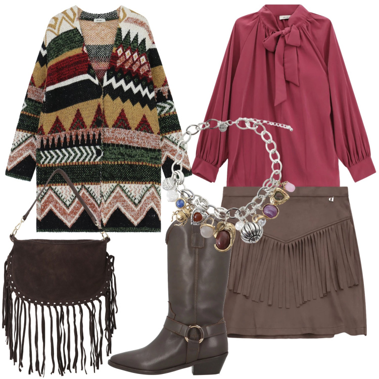 Outfit donna - Passione Boho. Stile Boho per Tutti i giorni. Abbinamento con stivali, cappotti, bluse, braccialetti con ciondoli, minigonne, borse a tracolla.