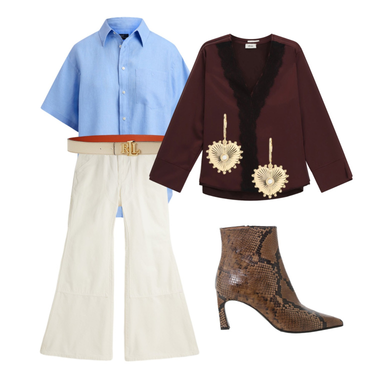 Outfit donna - Tocco d’oro. Stile Glamour per Tutti i giorni. Abbinamento con stivaletti, bluse, cinture, pantaloni, orecchini, camicie a manica corta.