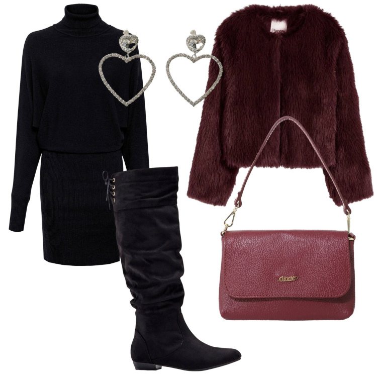 Outfit donna - Rosso e Nero. Stile Chic per Tutti i giorni. Abbinamento con stivali, vestiti, ecopellicce, borse a tracolla, orecchini.