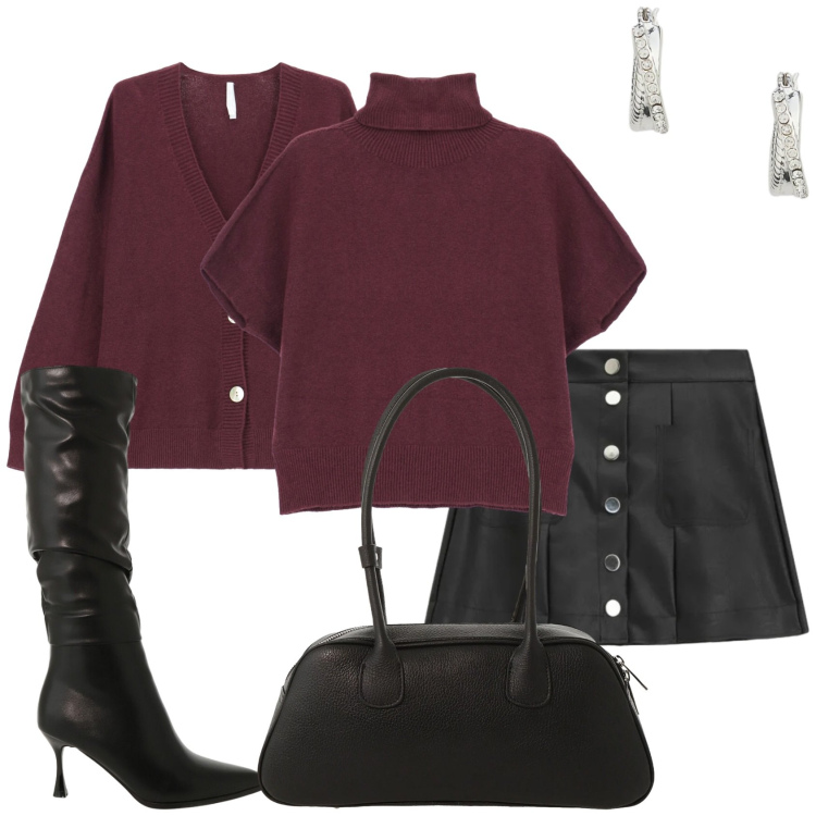 Outfit donna - Minigonna e stivali. Stile Trendy per Tutti i giorni. Abbinamento con maglieria, cardigans, stivali sopra il ginocchio, borse a mano, minigonne, orecchini.