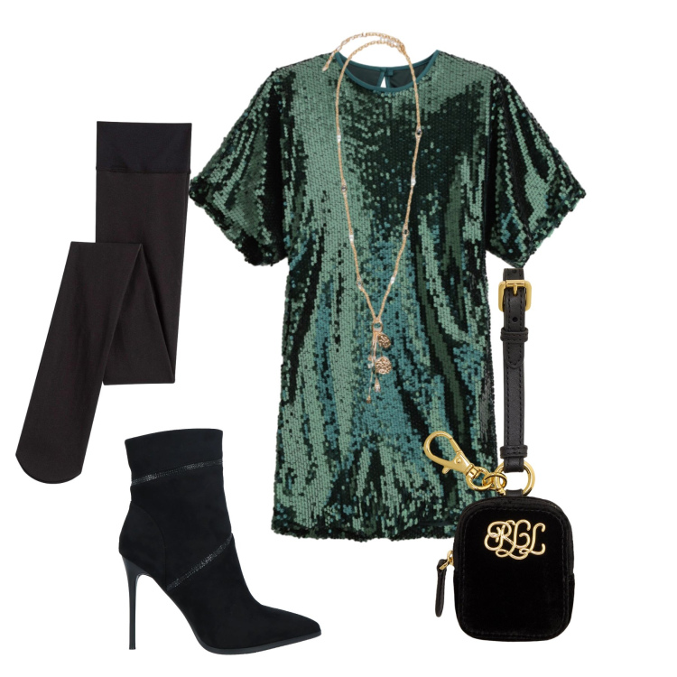 Outfit donna - A tutta paillettes. Stile Glamour per Serata fuori. Abbinamento con ciondoli, vestiti corti, pochette, stivaletti, collant.